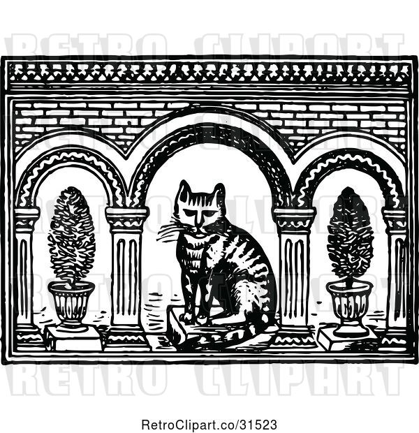 Vector Clip Art of Retro Persian Cat with Plants
