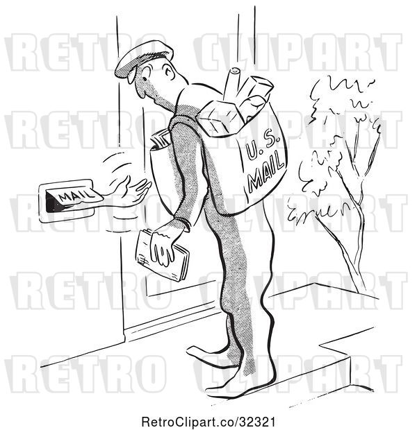Vector Clip Art of Retro Person Reaching out of a Mail Slot to the Postal Worker
