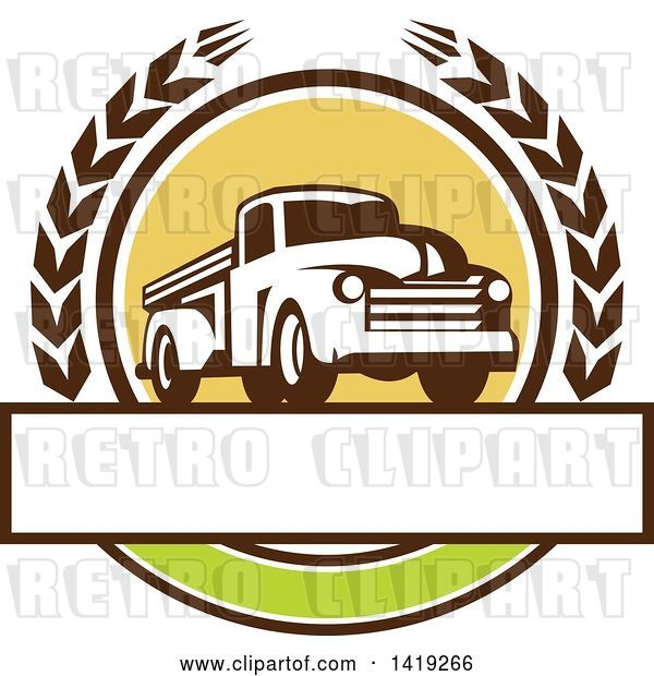 Vector Clip Art of Retro Pickup Truck in a Wheat Wreath over a Blank Text Box