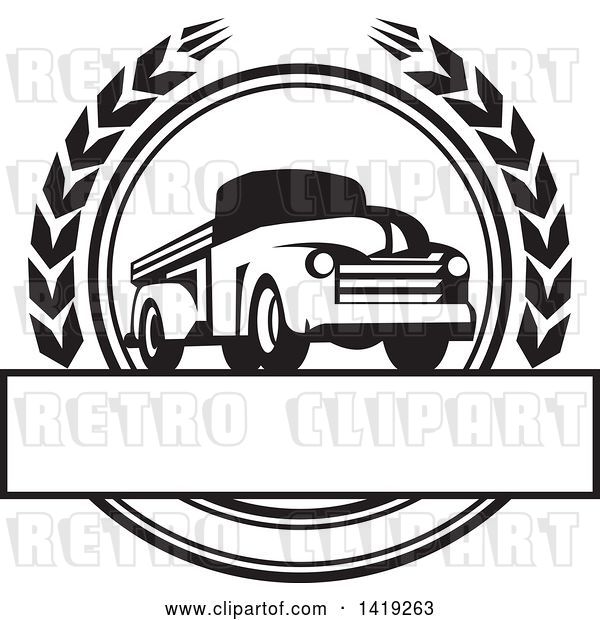 Vector Clip Art of Retro Pickup Truck in a Wheat Wreath over a Text Box
