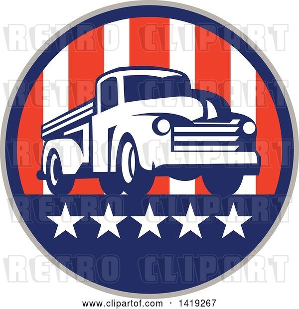 Vector Clip Art of Retro Pickup Truck in an American Themed Circle