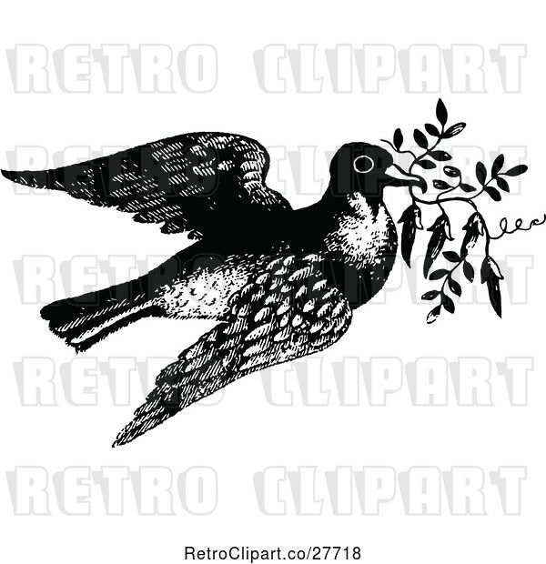 Vector Clip Art of Retro Pigeon Flying with a Branch