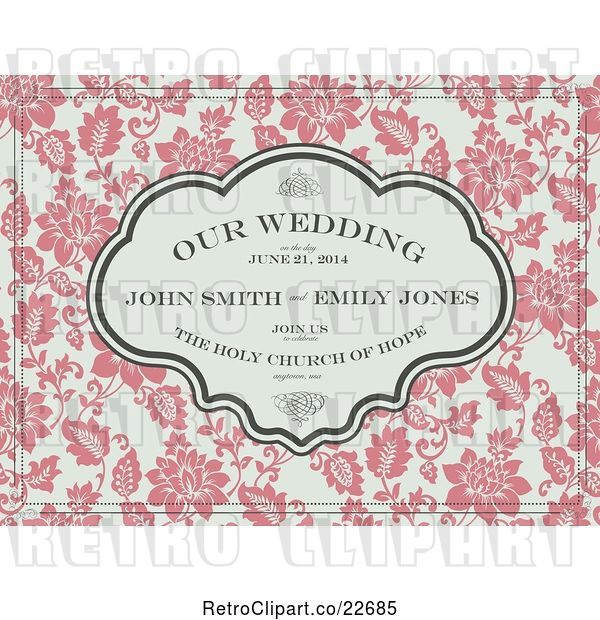 Vector Clip Art of Retro Pink and Beige Floral Wedding Invite with Sample Text and Swirls