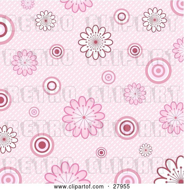 Vector Clip Art of Retro Pink Background of White and Pink Flowers and Circles over a Weaved Texture