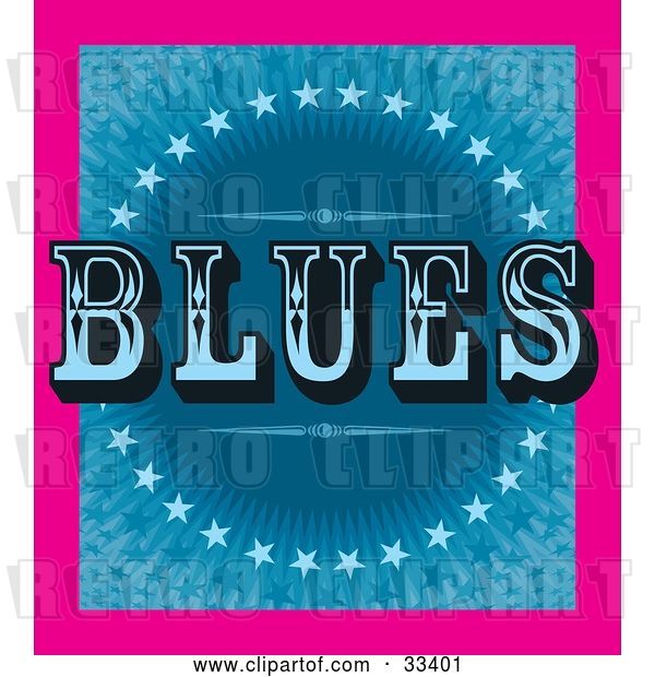 Vector Clip Art of Retro Pink Border Around a Background of Blue Stars and Bursts with BLUES Text