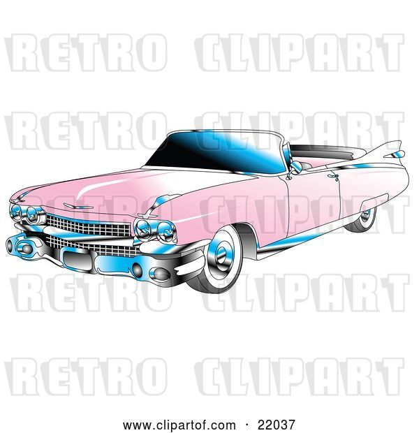 Vector Clip Art of Retro Pink Convertible 1959 Cadillac Car with Chrome Accents and the Top down