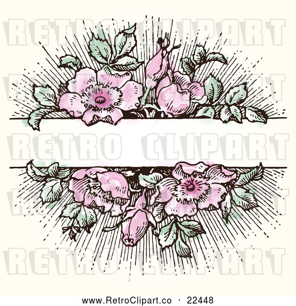 Vector Clip Art of Retro Pink Flowers with Green Leaves - Blank Banner Space
