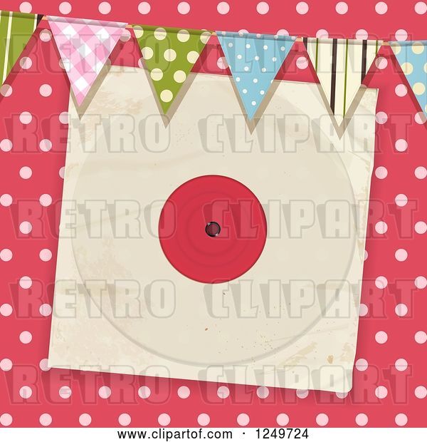 Vector Clip Art of Retro Pink Polka Dot Background with Party Flags and a Vinyl Record Sleeve
