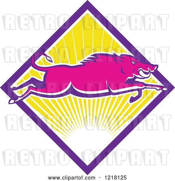 Vector Clip Art of Retro Pink Wild Boar Leaping over a Diamond of Sunshine