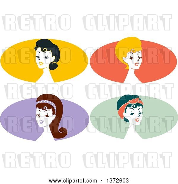 Vector Clip Art of Retro Pinup Women from the Shoulders Up, over Colorful Ovals