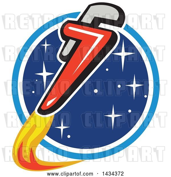 Vector Clip Art of Retro Pipe Monkey Wrench Rocket in Flight Around a Circle of Stars