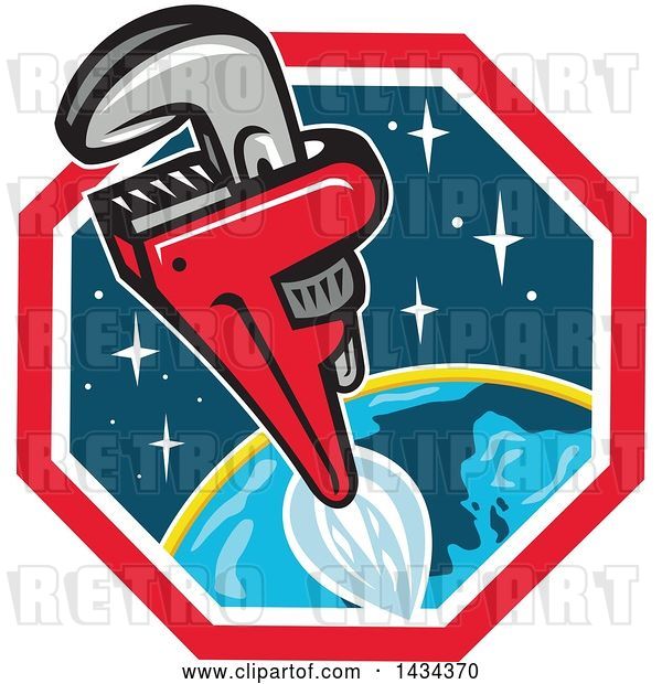 Vector Clip Art of Retro Pipe Monkey Wrench Rocket in Flight over Earth