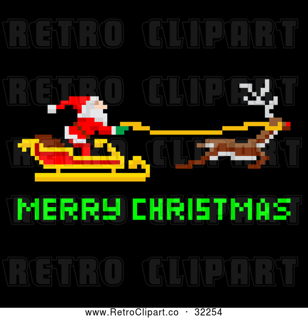 Vector Clip Art of Retro Pixelated Santa Flying His Sleigh with Merry Christmas Text on Black