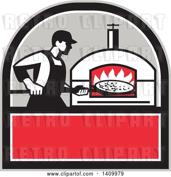 Vector Clip Art of Retro Pizza Chef Holding a Peel with a Pie in Front of a Wood Fired Oven in a Black Gray White and Red Crest