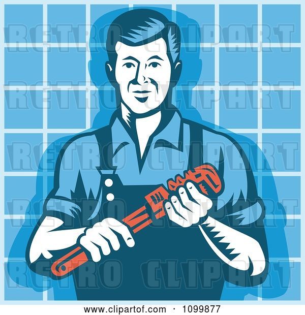 Vector Clip Art of Retro Plumber Guy Holding a Monkey Wrench over Blue Tiles