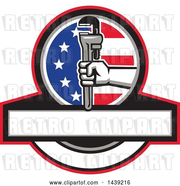 Vector Clip Art of Retro Plumber Hand Holding a Pipe Monkey Wrench in an American Circle over a Banner with Copy Space