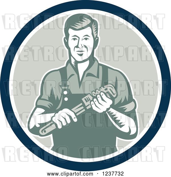 Vector Clip Art of Retro Plumber Worker Guy Holding a Monkey Wrench in a Circle