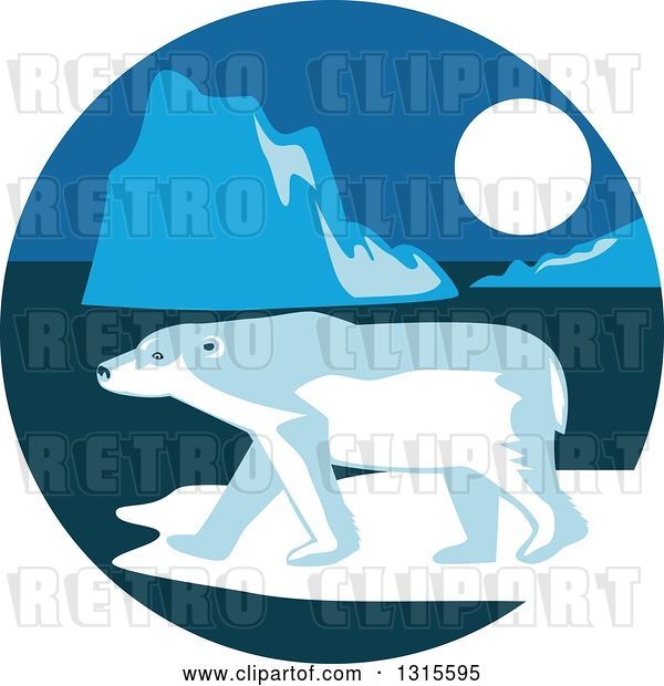 Vector Clip Art of Retro Polar Bear and Ice Burgs at Night in a Circle