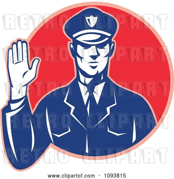 Vector Clip Art of Retro Police Guy Holding up a Hand to Stop