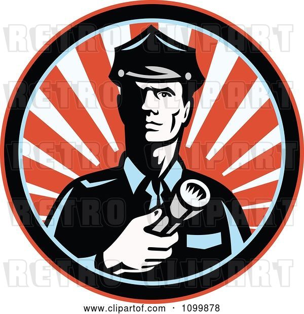 Vector Clip Art of Retro Police Guy or Security Guard Shining a Flashlight over a Circle of Red Rays