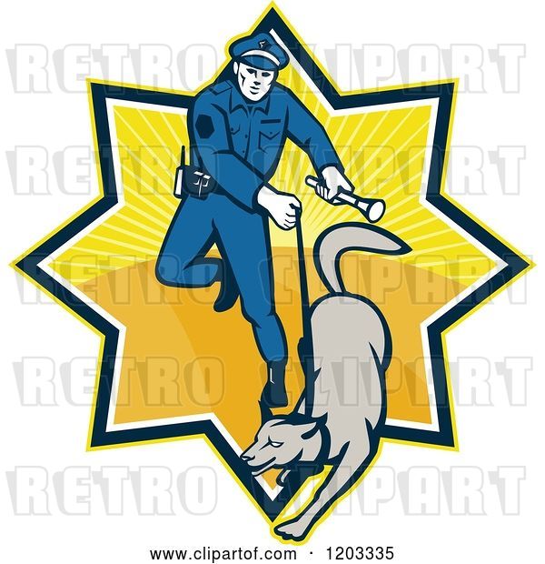 Vector Clip Art of Retro Police Officer and Dog in a Ray Burst