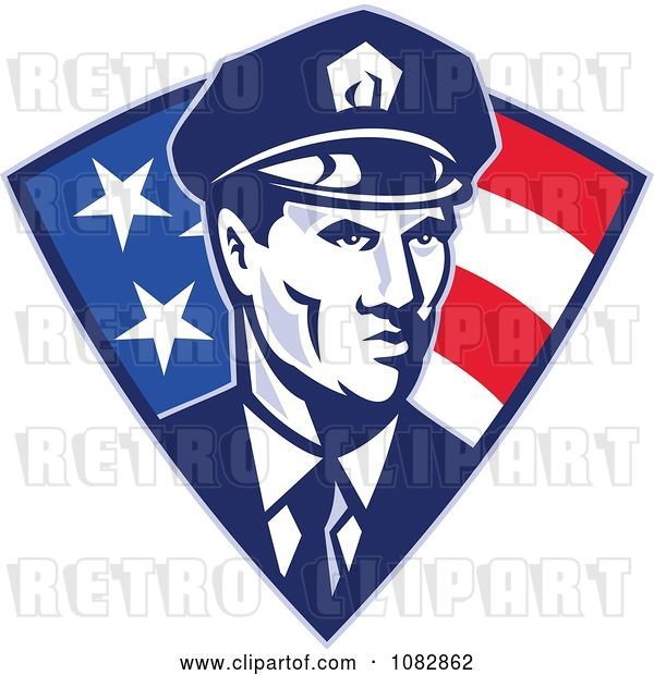 Vector Clip Art of Retro Police Officer over an American Triangle