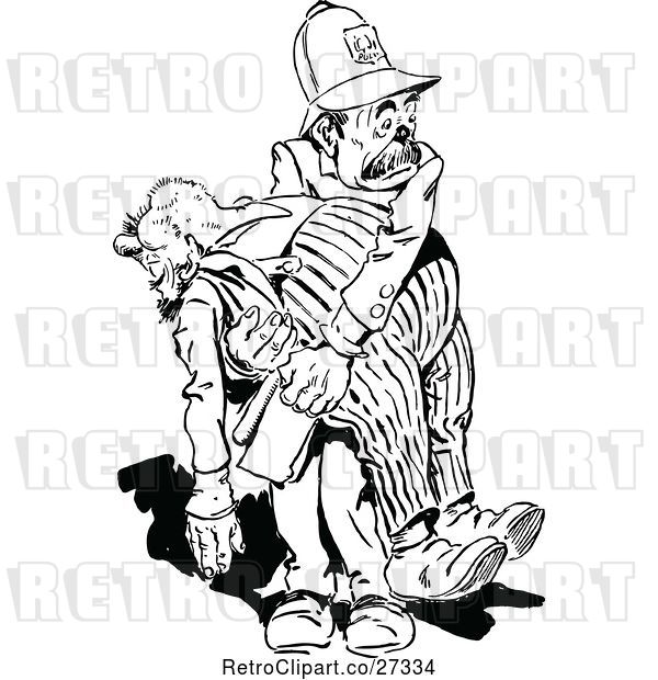 Vector Clip Art of Retro Policeman Carrying a Drunkard