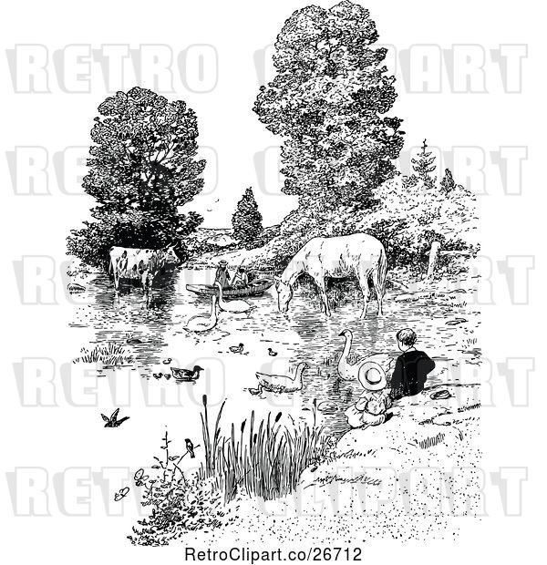 Vector Clip Art of Retro Pond Scene with People and Farm Animals