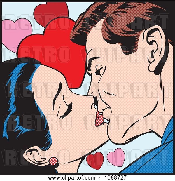 Vector Clip Art of Retro Pop Art Couple Kissing over Hearts