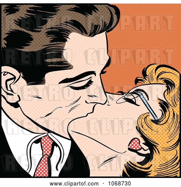Vector Clip Art of Retro Pop Art Couple Kissing over Orange