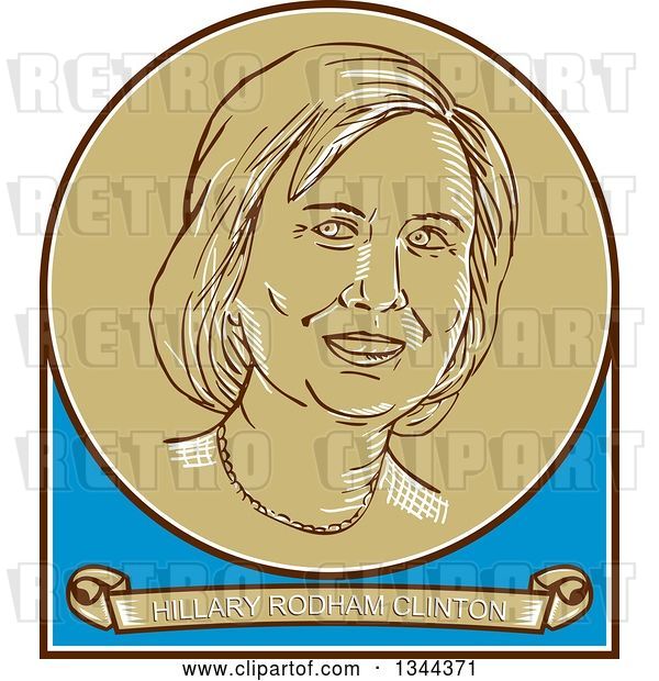 Vector Clip Art of Retro Portrait of Hillary Clinton in a Circle over a Banner with Her Name