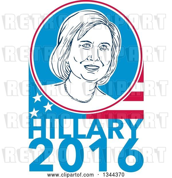 Vector Clip Art of Retro Portrait of Hillary Clinton in a Circle over a Partial American Flag and Text