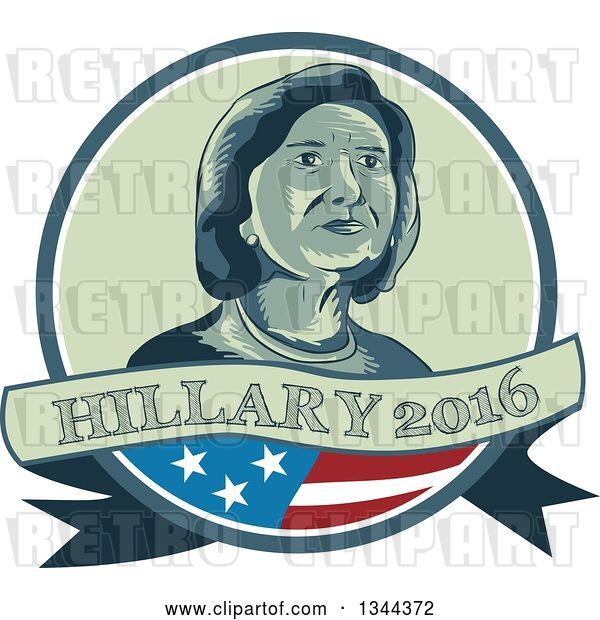 Vector Clip Art of Retro Portrait of Hillary Clinton in a Circle with a Partical American Flag and Text Banner