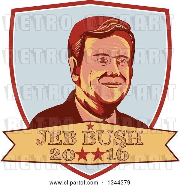 Vector Clip Art of Retro Portrait of Jeb Bush in a Shield with 2016 Text
