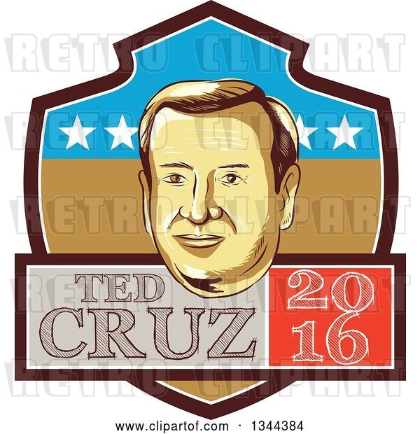 Vector Clip Art of Retro Portrait of Tex Cruz on a Shield with 2016 Text