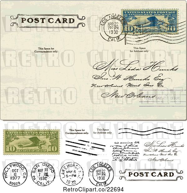 Vector Clip Art of Retro Post Card with a Postmark Cash and Stamps