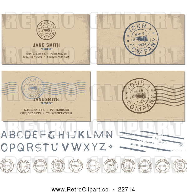 Vector Clip Art of Retro Postal Stamps and Your Company Is Requested Postmarks with Sample Text