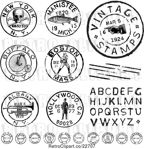 Vector Clip Art of Retro Postmark Stamps and Letters