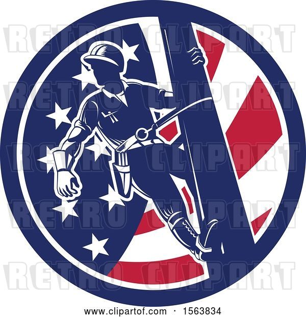 Vector Clip Art of Retro Power Lineman on a Pole in an American Flag Circle