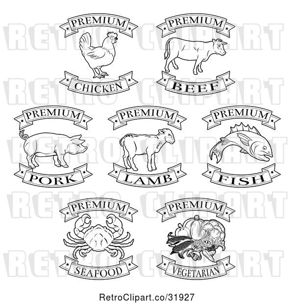 Vector Clip Art of Retro Premium Chicken, Beef, Pork, Lamb, Fish, Seafood and Vegetarian Food Labels