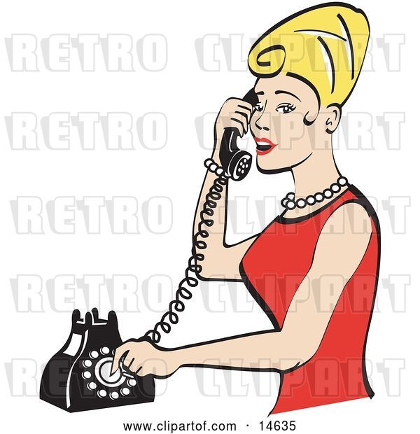 Vector Clip Art of Retro Pretty Blond Lady with Tall Hair, Wearing Pearls and a Red Dress and Talking on a Rotary Dial Landline Telephone