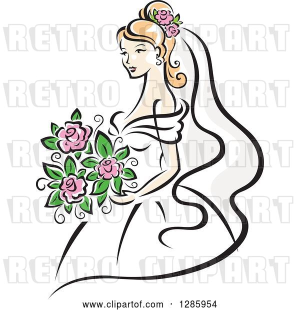 Vector Clip Art of Retro Pretty Blond White Bride with a Bouquet of Pink Flowers