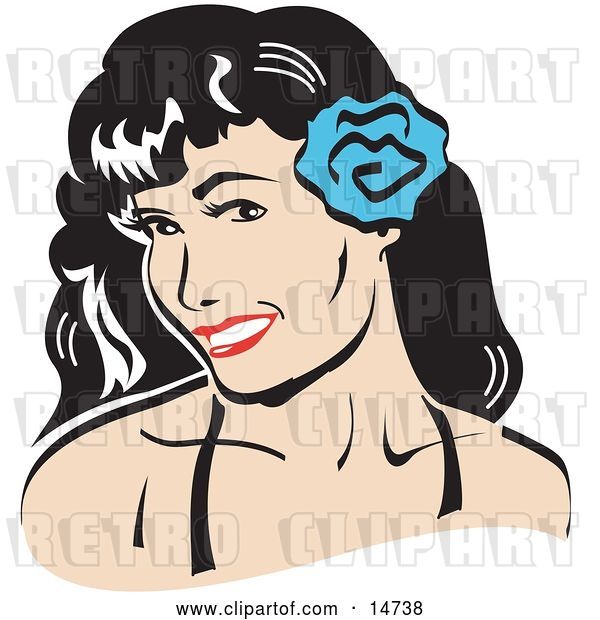 Vector Clip Art of Retro Pretty Brunette Lady with a Blue Flower in Her Hair