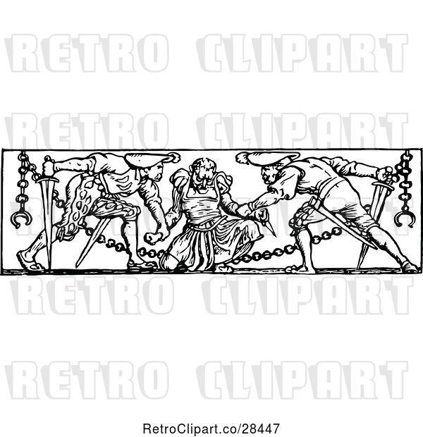 Vector Clip Art of Retro Prisoner in Chains and Guards