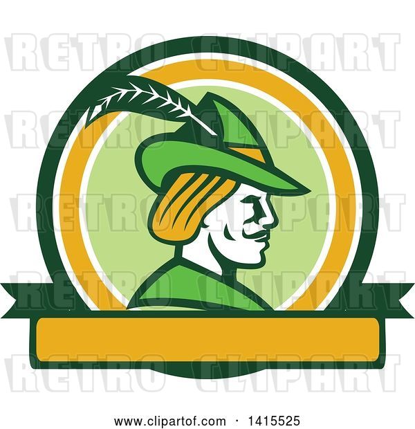 Vector Clip Art of Retro Profile of Robin Hood Wearing a Plumed Hat in a Circle