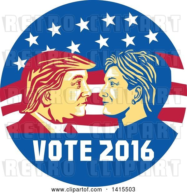 Vector Clip Art of Retro Profile Portrait of Donald Trump and Hillary Clinton Facing off in an American Flag Circle with Text