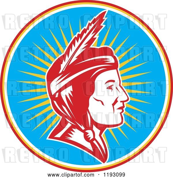 Vector Clip Art of Retro Profiled Native American Indian Lady Woodcut over Rays in a Blue Circle