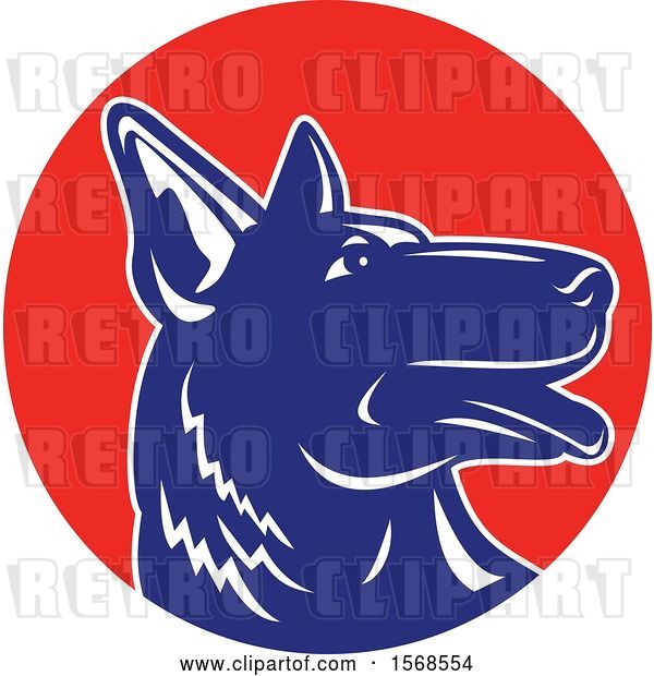 Vector Clip Art of Retro Profiled Woodcut Blue and White German Shepherd Dog in a Red Circle