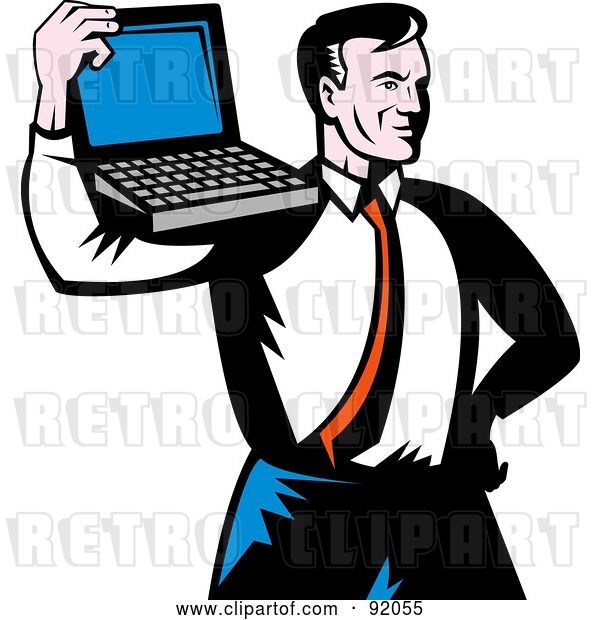 Vector Clip Art of Retro Proud Business Man Holding a Laptop on His Shoulder