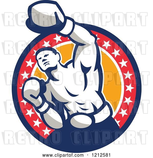 Vector Clip Art of Retro Punching Boxer over a Circle of Orange and Stars